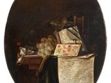 an image of a painting of a table with a bunch of fruit on it