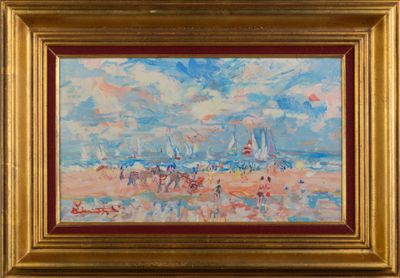une peinture à l'huile représentant une scène de plage avec des voiliers au loin