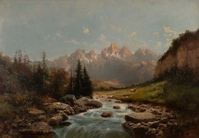 un tableau représentant un ruisseau de montagne qui traverse une vallée