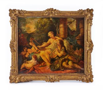 une peinture représentant une peinture d'une femme et de deux hommes dans un décor boisé