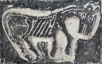 an image of a black and white picture of a horse with a skeleton on it