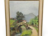 an oil painting of a bridge over a stream in a rural landscape