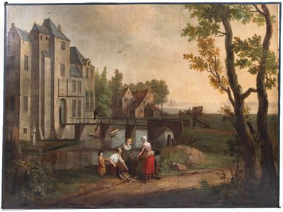 ECOLE DU XVIIIE Le marchand de poissons près du canal