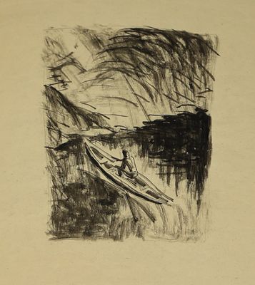 un dessin en noir et blanc représentant un homme dans un bateau
