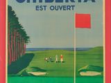 a poster of a golf course with a red flag and people on the green