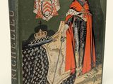 an old book with a picture of a woman in a red cape