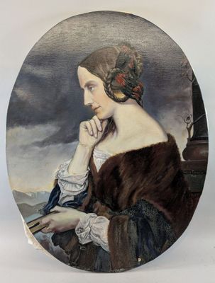 tableau représentant une femme en manteau de fourrure tenant un livre
