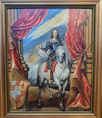 painting of a painting of a man riding a horse in front of a red curtain