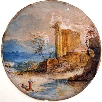 une image représentant un château peint sur une colline près d'un plan d'eau