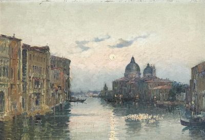 painting of a view of a canal with boats and buildings in the background