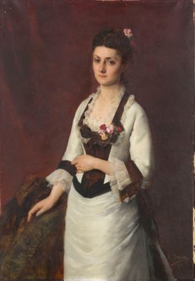 portrait d'une dame en robe blanche, avec un châle marron