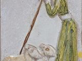painting of a woman with a stick and sheep in a field