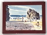 a painting of people on the beach by the water