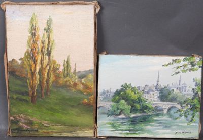 deux tableaux représentant des arbres et une rivière, avec un pont en arrière-plan