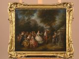painting of a group of people gathered around a table in a wooded setting