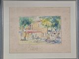 aquarelle encadrée représentant une scène de rue avec un café