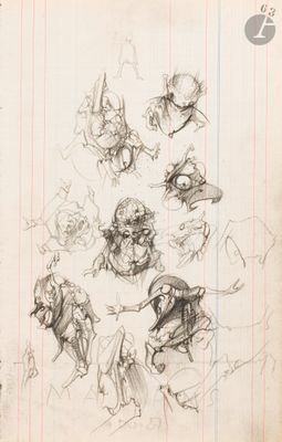 des croquis représentant un groupe de personnes à cheval, dessinés sur une feuille de papier