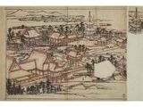 an image of a drawing of a village with a river in the background