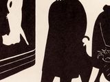 a black and white drawing of a man and a woman looking at a man in a suit