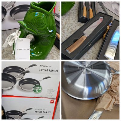 plusieurs photos différentes de casseroles et de poêles exposées dans un magasin