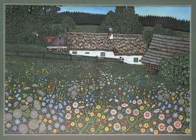 une photo d'un tableau représentant une maison dans un champ de fleurs