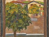 une peinture à l'huile représentant un arbre devant une maison