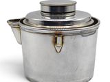 a silver pot with a lid on a white background