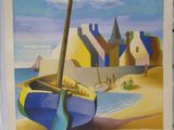 tableau représentant un bateau sur une plage, avec un village en arrière-plan