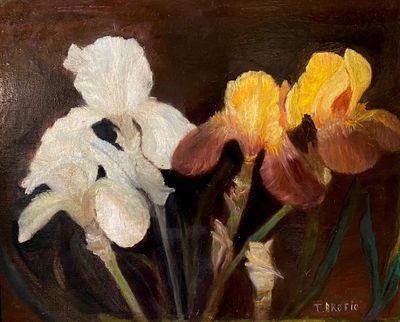 un tableau représentant trois fleurs dans un vase posé sur une table