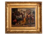 an image of a painting of a man on a horse being led by a woman