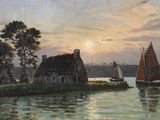 une peinture représentant des voiliers sur l'eau devant une maison