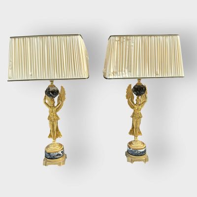 pair of french empire period gilet bronze and marble figural lamps