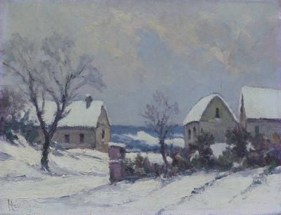 tableau représentant un paysage enneigé avec une maison et des arbres au premier plan