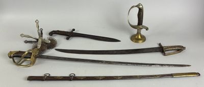 several different types of swords are displayed on a white surface
