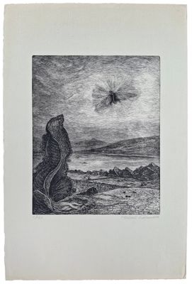 un dessin en noir et blanc représentant un oiseau survolant une montagne