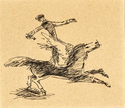 drawing of a man riding a horse with a dog on the back