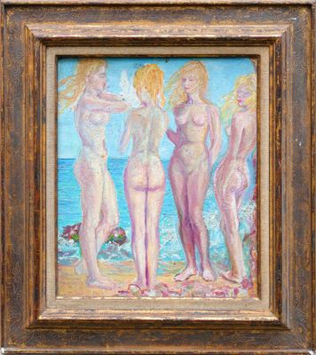 HIND (XXe siècle) Nues sur la plage Huile sur carton Signé e…
