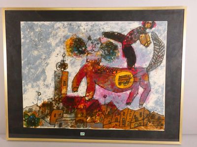 tableau représentant un homme et une femme à cheval dans une ville