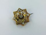 a close up of a gold and diamond broochle on a white surface