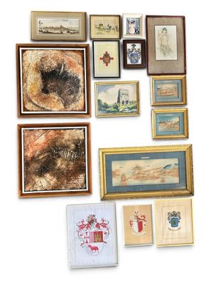 many framed pictures and paintings on the wall