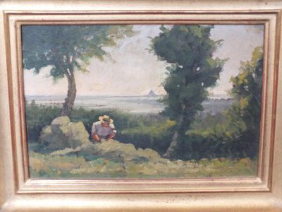 une peinture à l'huile représentant un homme assis sur un rocher près d'un arbre