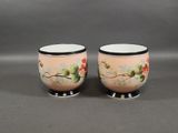 pair of pink and green cups with flowers and leaves on them