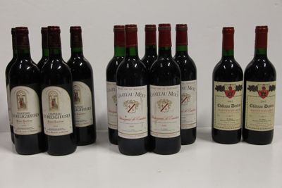 six bottles of red wine are lined up on a white surface