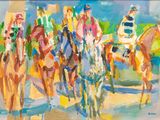 a painting of a group of people riding horses