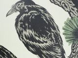 a black bird sitting on a branch of a pine tree
