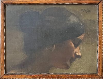 portrait of a woman with a black hat by a painting
