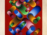 an image of a painting of colorful circles on a red background