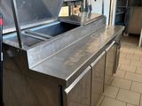 a large stainless steel counter in a commercial kitchen