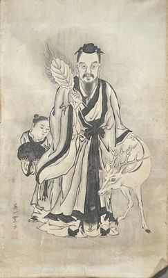 une ancienne peinture chinoise représentant un homme avec une chèvre et un oiseau