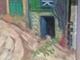 a painting of a building with a green door and a street sign